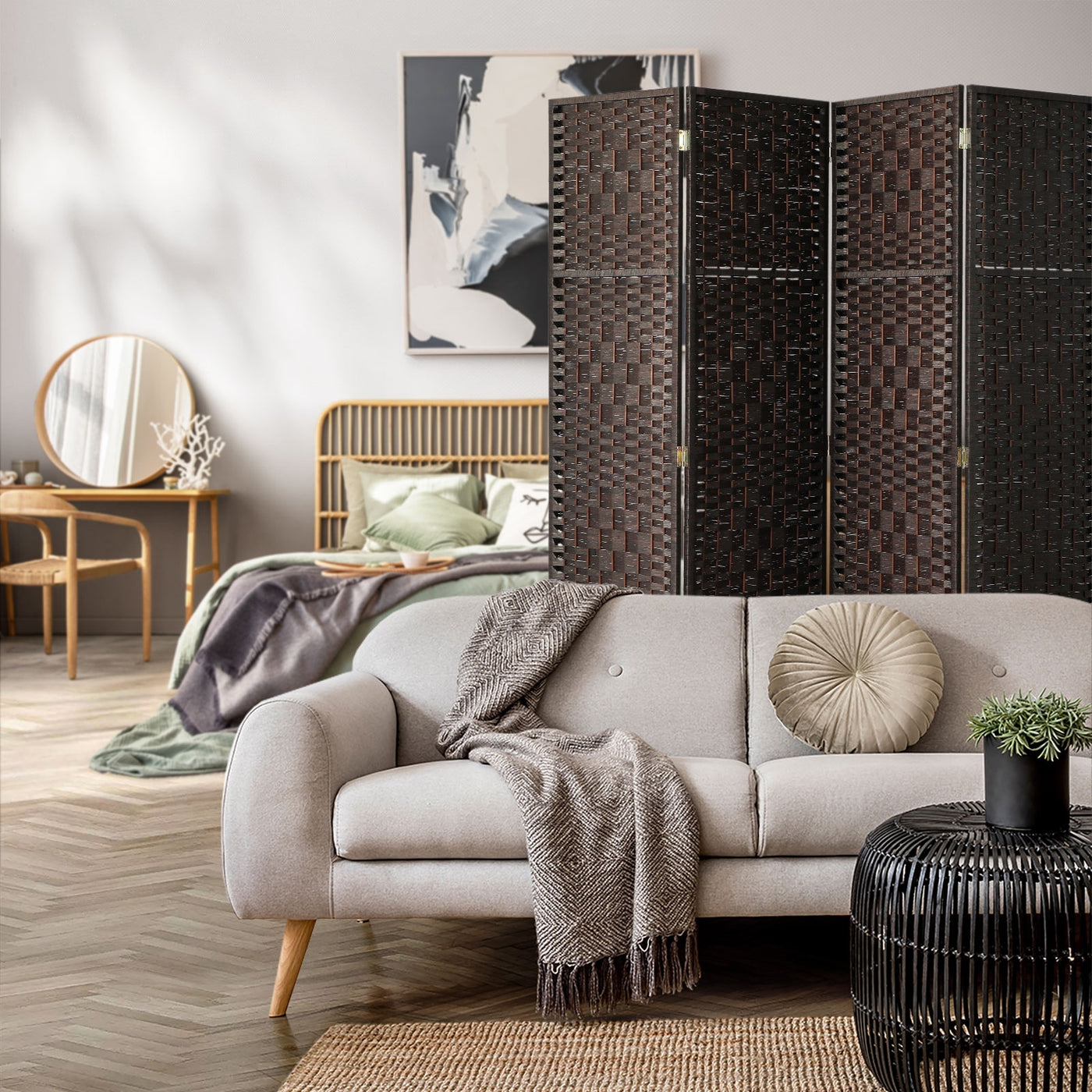 Pine & Woven-Rattan Folding Room Divider – 4, 6 or 8 Panels