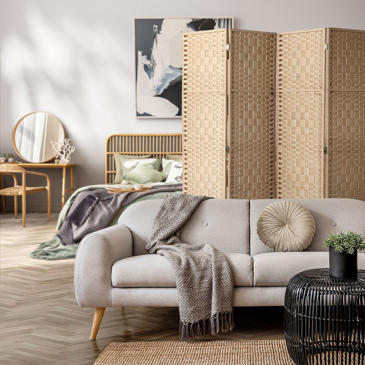 Pine & Woven-Rattan Folding Room Divider – 4, 6 or 8 Panels