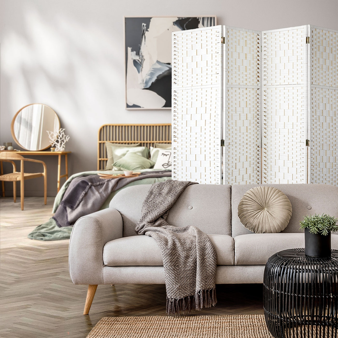 Pine & Woven-Rattan Folding Room Divider – 4, 6 or 8 Panels