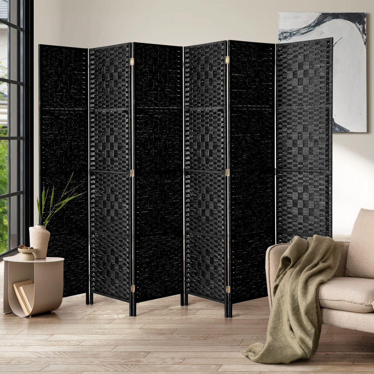 Pine & Woven-Rattan Folding Room Divider – 4, 6 or 8 Panels
