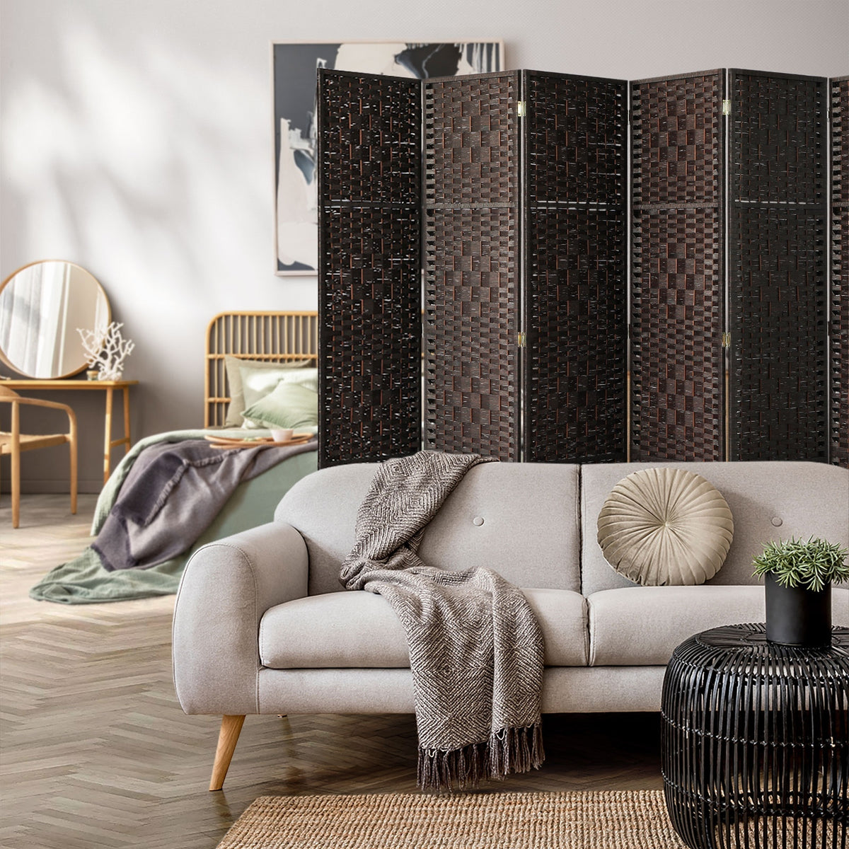 Pine & Woven-Rattan Folding Room Divider – 4, 6 or 8 Panels
