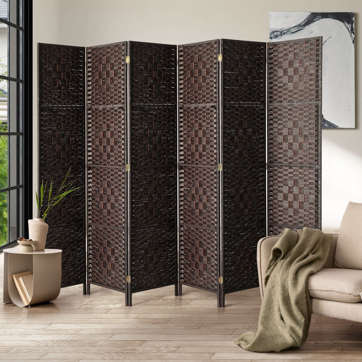 Pine & Woven-Rattan Folding Room Divider – 4, 6 or 8 Panels