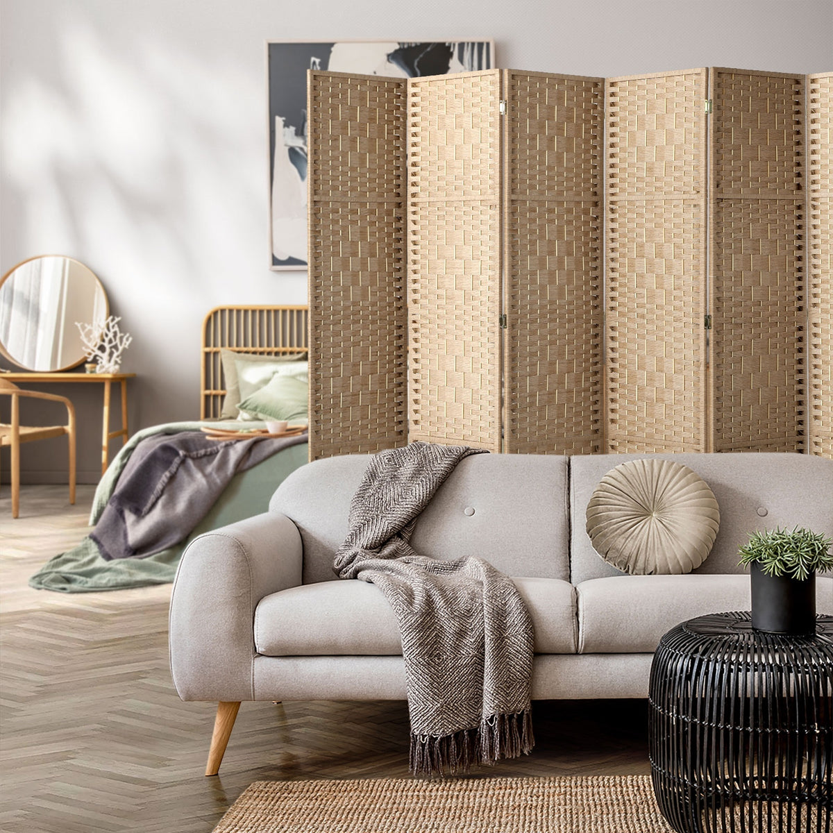 Pine & Woven-Rattan Folding Room Divider – 4, 6 or 8 Panels