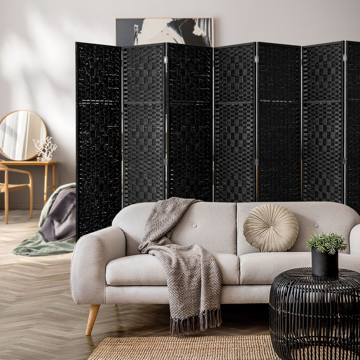 Pine & Woven-Rattan Folding Room Divider – 4, 6 or 8 Panels