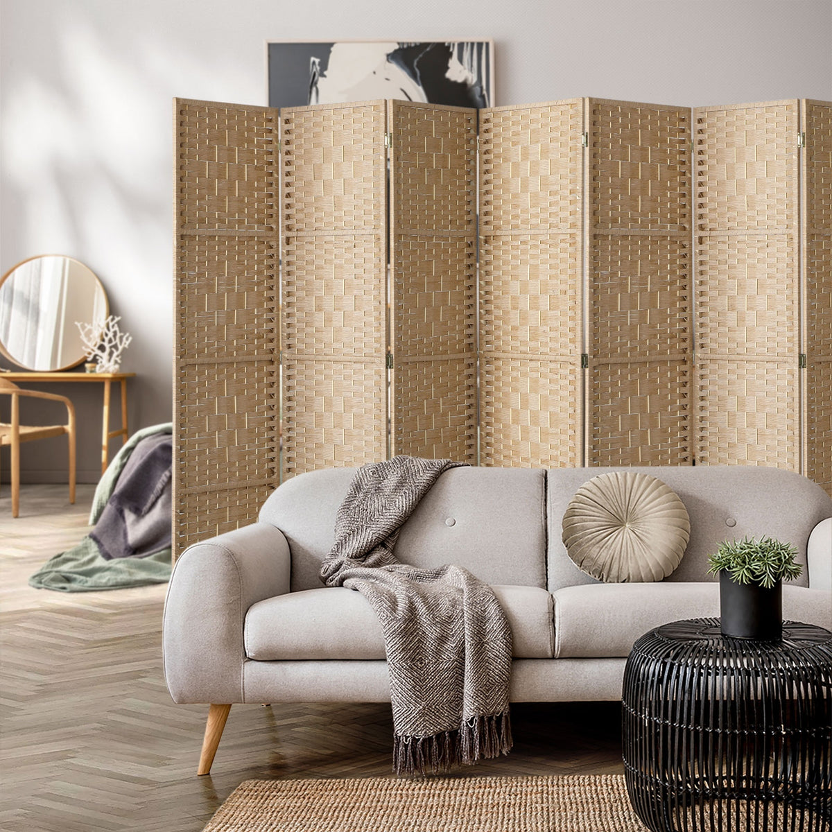 Pine & Woven-Rattan Folding Room Divider – 4, 6 or 8 Panels