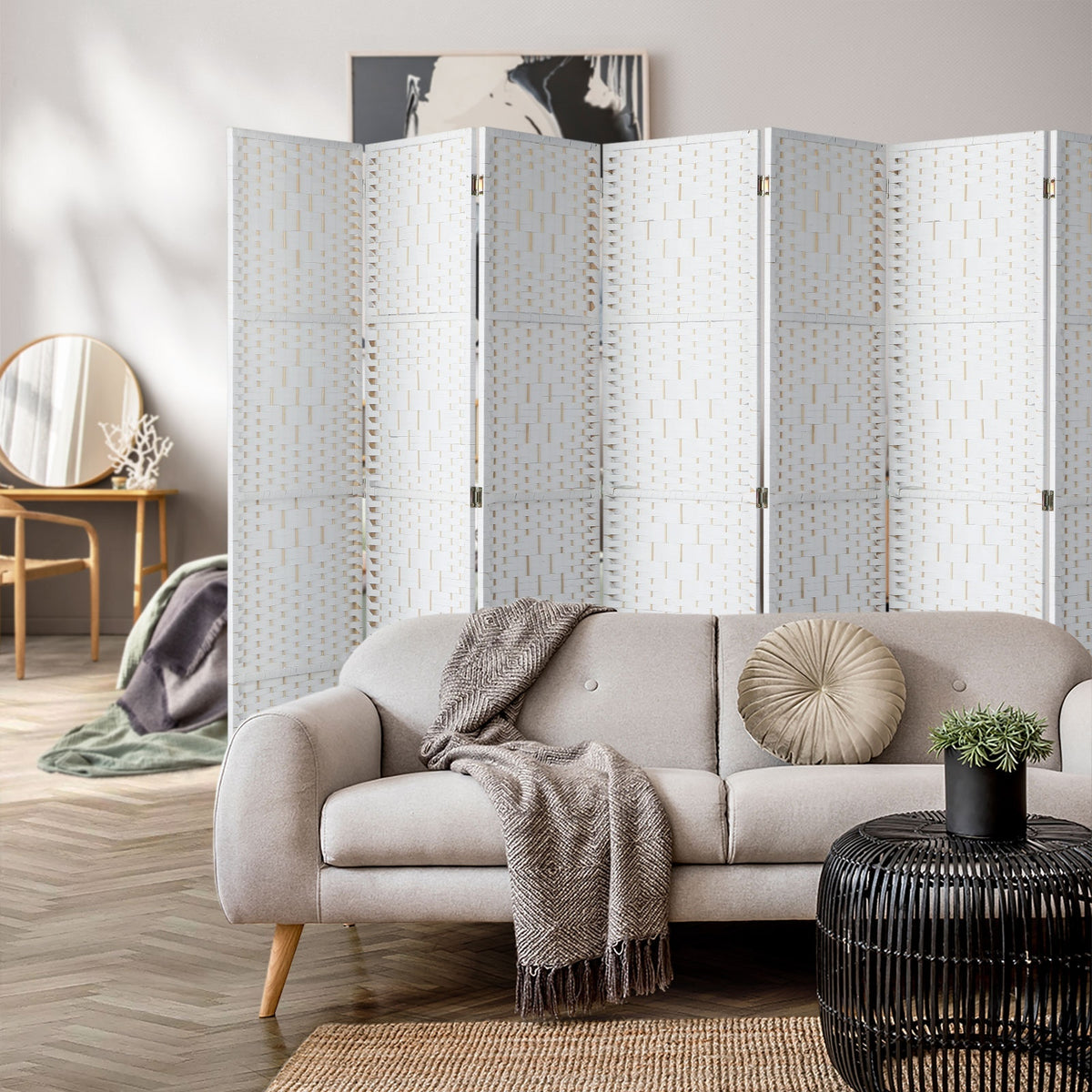 Pine & Woven-Rattan Folding Room Divider – 4, 6 or 8 Panels