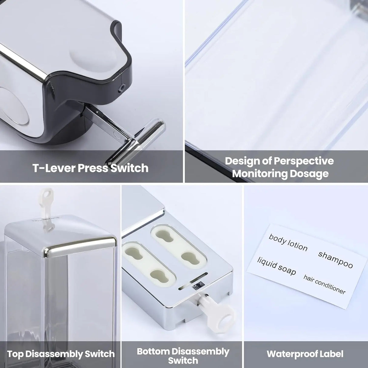 3-in-1 Quadrate Dispensers for The Shower,Shower soap Dispenser,Conditioner Dispenser, Shampoo Dispenser,No Drilled Wall Mounted