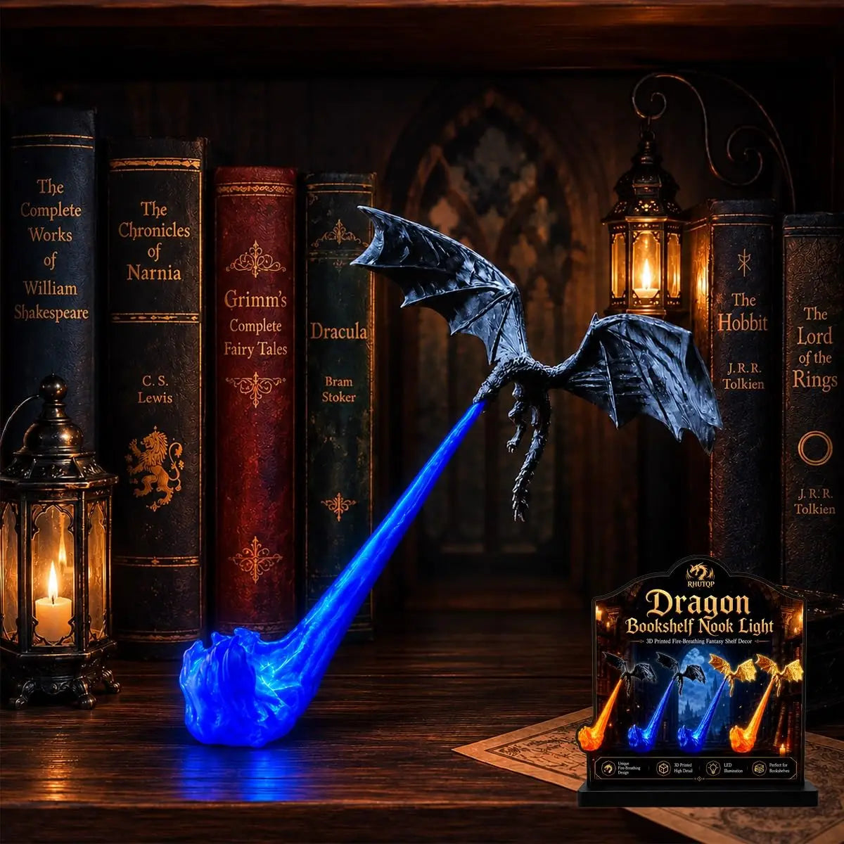 Dragon Bookshelf Nook Light, 3D Fire-Breathing Shelf Decor | Flying Dragon Design Book Lover Gift | Halloween Shelf Display