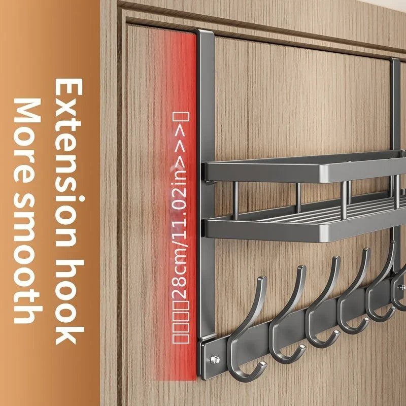 Grey Over-Door Organiser with 6 Hooks & Storage Basket