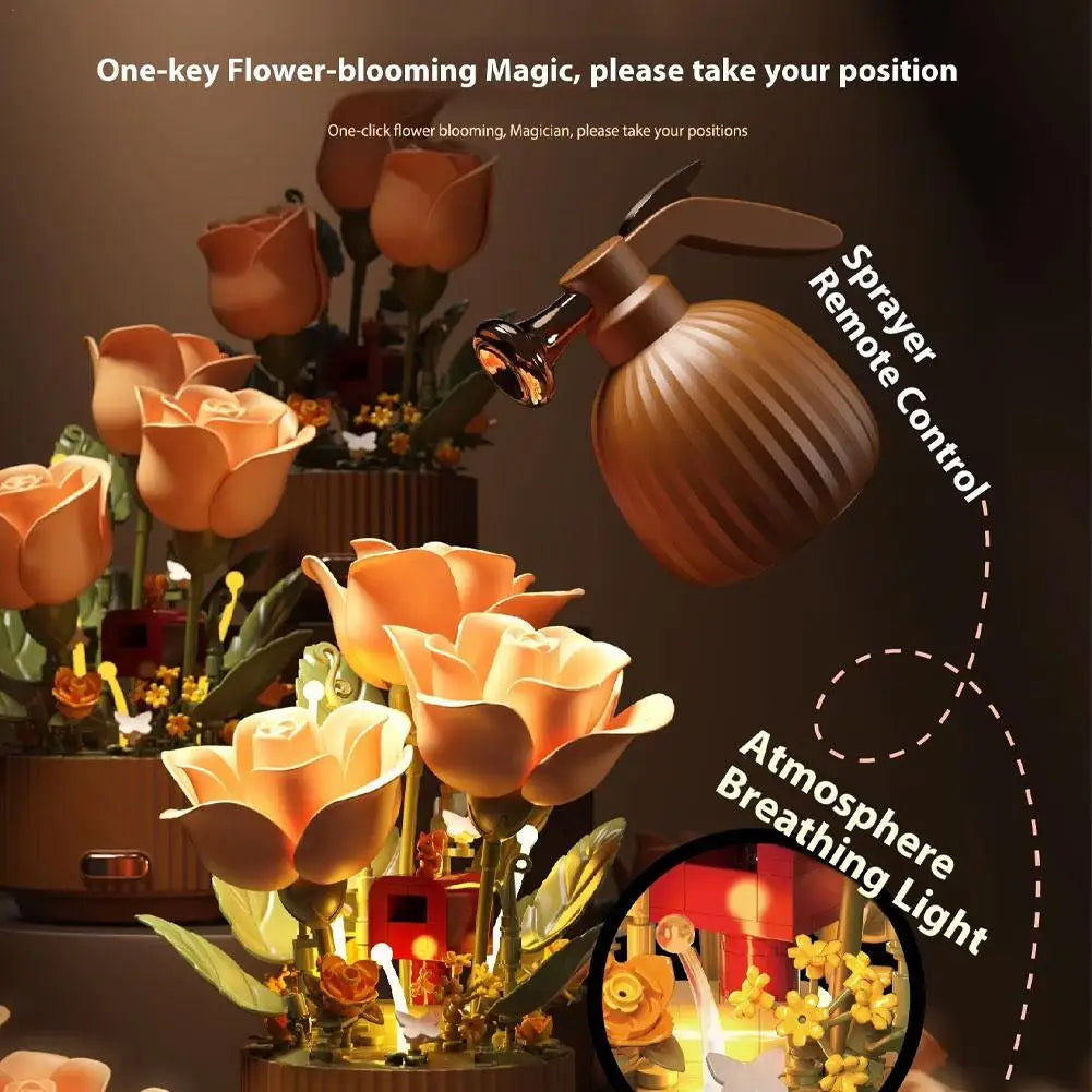 AutoBloom™ Wooden Flower Bouquet Dynamic Arrangement Model Auto-Blooming Petals, Magic Sprayer & Aromatherapy Breathing Lights