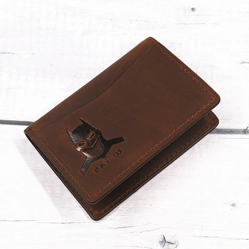 Genuine Leather Bat ID Wallet For Men Short Slim Bifold Card Holder Wallet With Cutout Superhero Mask Face Eyes Gift For Fans