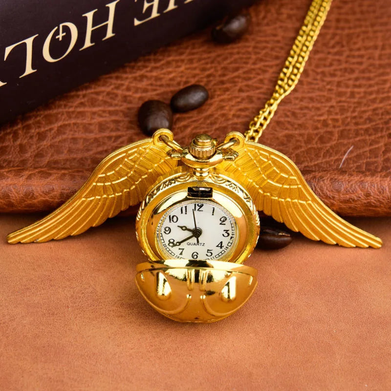Harry Potter Peripheral Pocket Watch Necklace - Golden Snitch Retro Flip Lid Big Wings Pendant Commemorative Watch