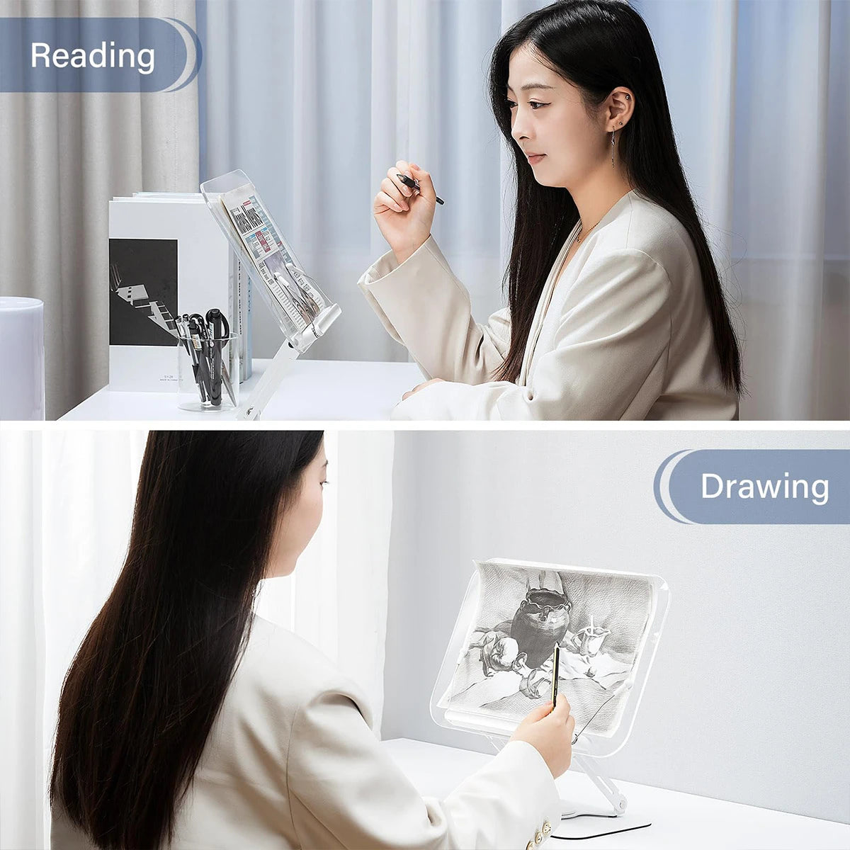 Book Stand for Reading, Adjustable Book Holder with 360° Swivel Base Foldable Stand Recipe Book Holder with Elastic Page Clips