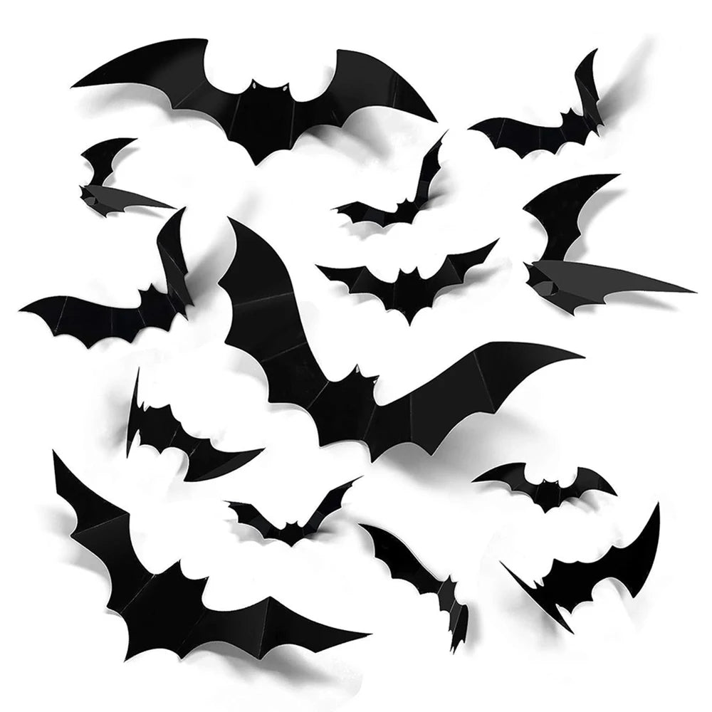 3D Black Halloween Bat Wall Decorations – 6 Pack Sizes
