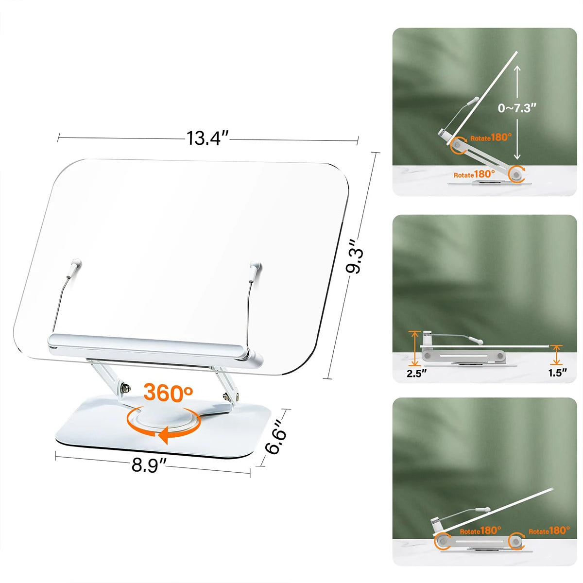 Foldable 360° Swivel Book Stand with Page Clips