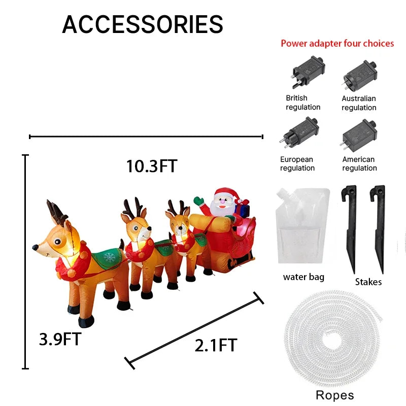 10.1FT LED Inflatable Christmas Yard Decor Santa Sleigh 3 Reindeer Xmas Supplies Decoration Ornaments Toy Gifts Holiday Decor