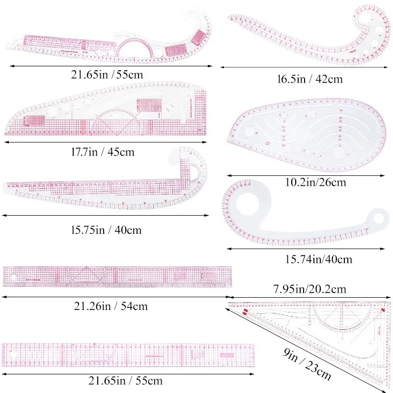 Transparent French-Curve Sewing & Drawing Templates – 3 Sets