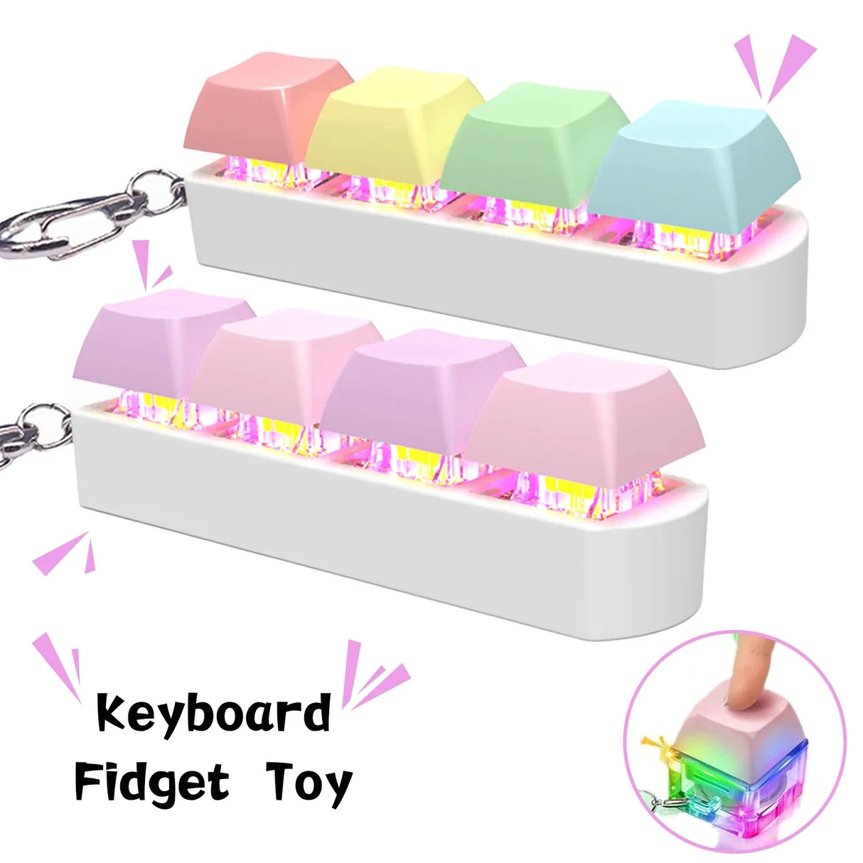 Keyboard Fidget Toy with LED Light Keyboard Fidget Keychain 4-in-1 Keyboard Decompression Button Stress Relief Fidget Gifts