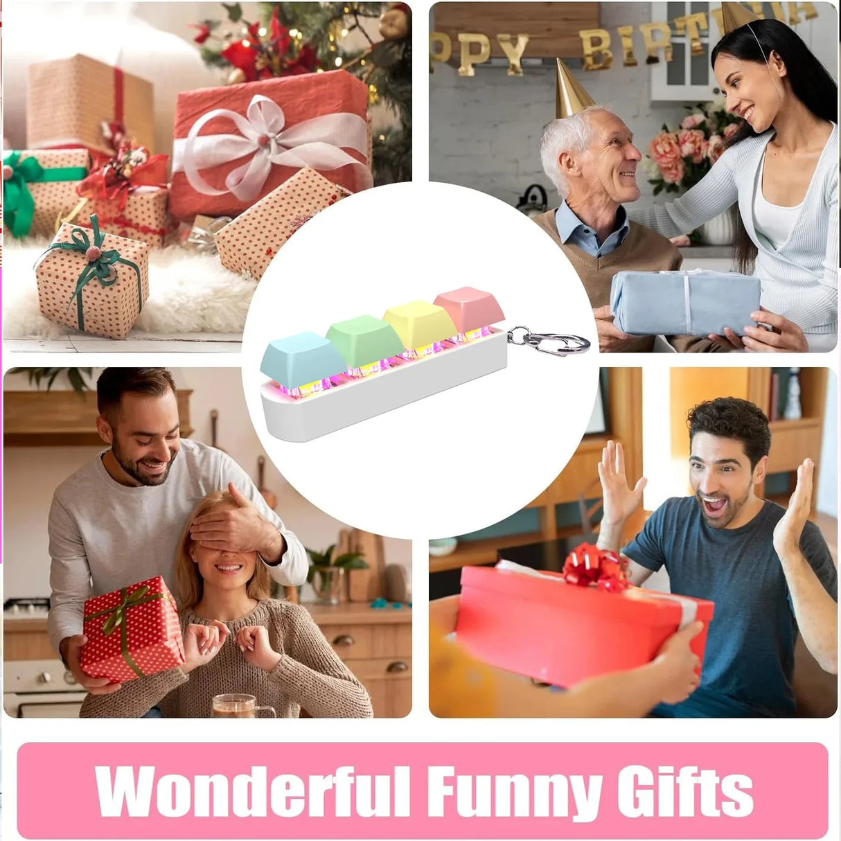 Keyboard Fidget Toy with LED Light Keyboard Fidget Keychain 4-in-1 Keyboard Decompression Button Stress Relief Fidget Gifts