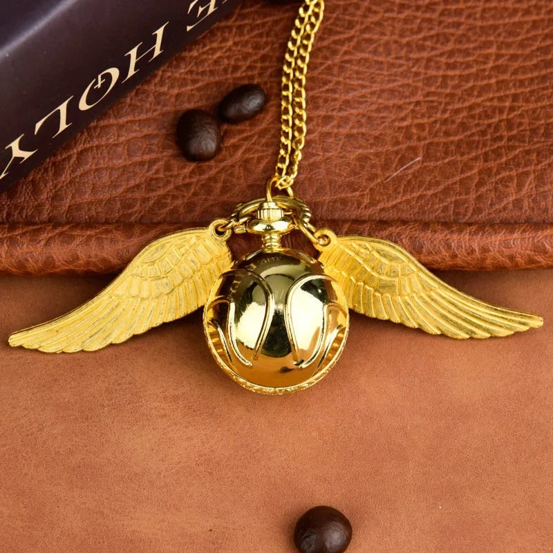Harry Potter Peripheral Pocket Watch Necklace - Golden Snitch Retro Flip Lid Big Wings Pendant Commemorative Watch