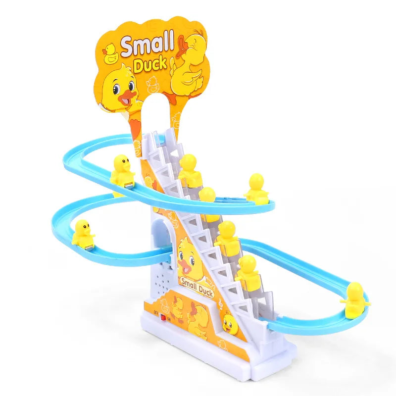 Kids Electric Small Duck Climbing Stairs Toy DIY Track Slide Roller Coaster Toys Set Light Music Boy Girl Gift