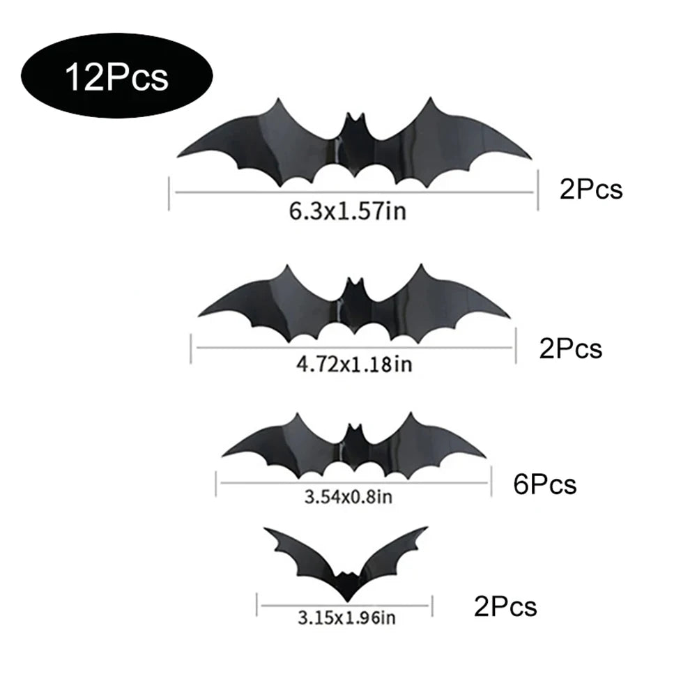 3D Black Halloween Bat Wall Decorations – 6 Pack Sizes
