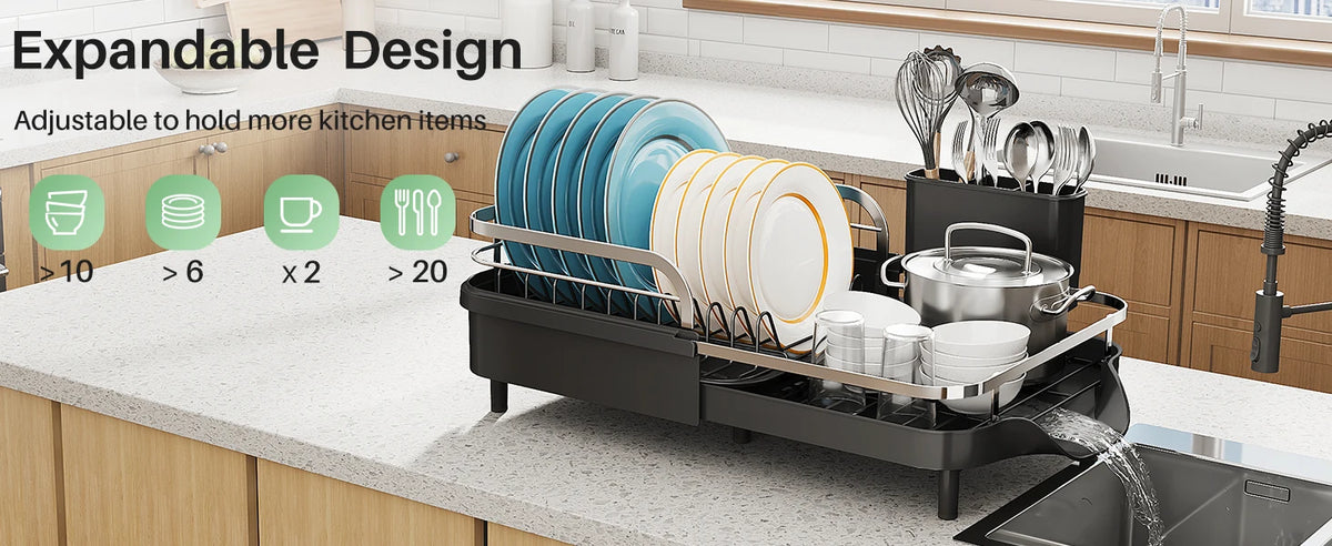 Expandable Stainless-Steel Dish Rack with Drainboard
