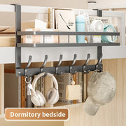 Grey Over-Door Organiser with 6 Hooks & Storage Basket