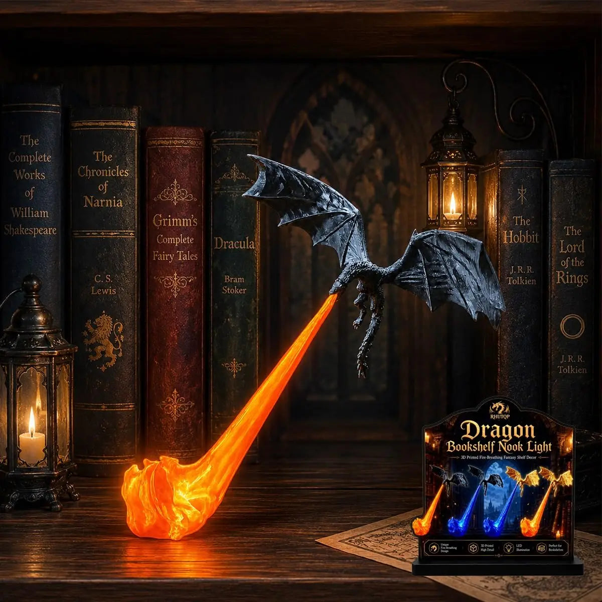 Dragon Bookshelf Nook Light, 3D Fire-Breathing Shelf Decor | Flying Dragon Design Book Lover Gift | Halloween Shelf Display
