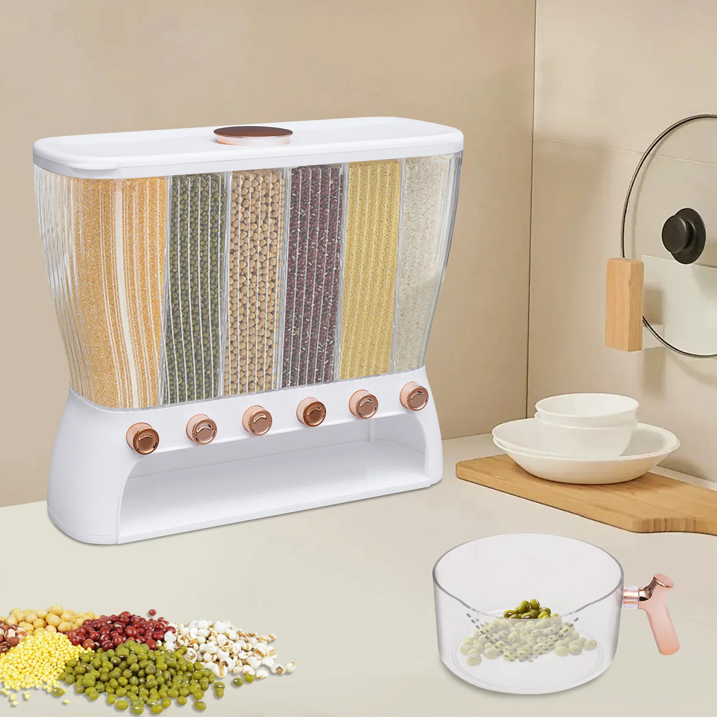 Dry Food Dispenser 6-Grid Wall-Mounted Dry Food Dispenser - Adjustable Compartments Easy Dispensing - Kitchen Storage