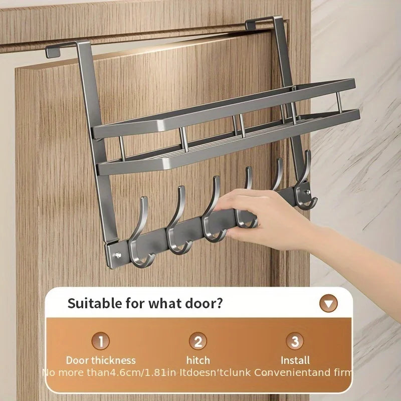 Grey Over-Door Organiser with 6 Hooks & Storage Basket