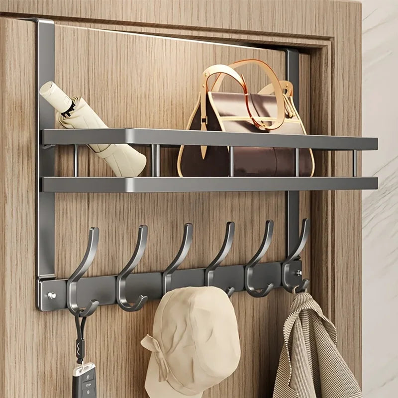Grey Over-Door Organiser with 6 Hooks & Storage Basket
