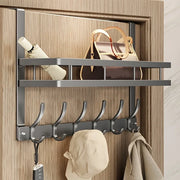 Grey Over-Door Organiser with 6 Hooks & Storage Basket
