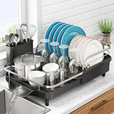Dish Drying Rack, Expandable Dish Rack for Kitchen Counter, Stainless Steel Dish Drainer with Drainboard Set