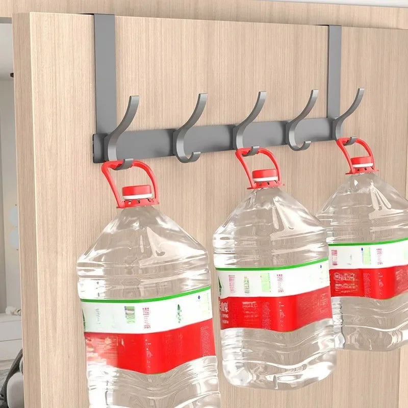 Home Multifunctional Metal Hook Door Hanger Over-The-Door Storage Rack With 6 Hooks & 1 Baskets For Hanging Clothes Wall Hanging