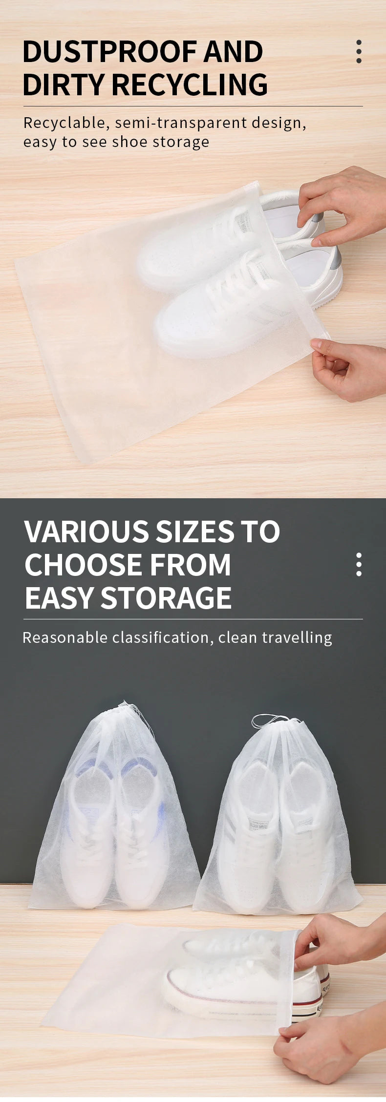 Non-Woven Drawstring Shoe Storage Bags – 3 Sizes & Pack Options