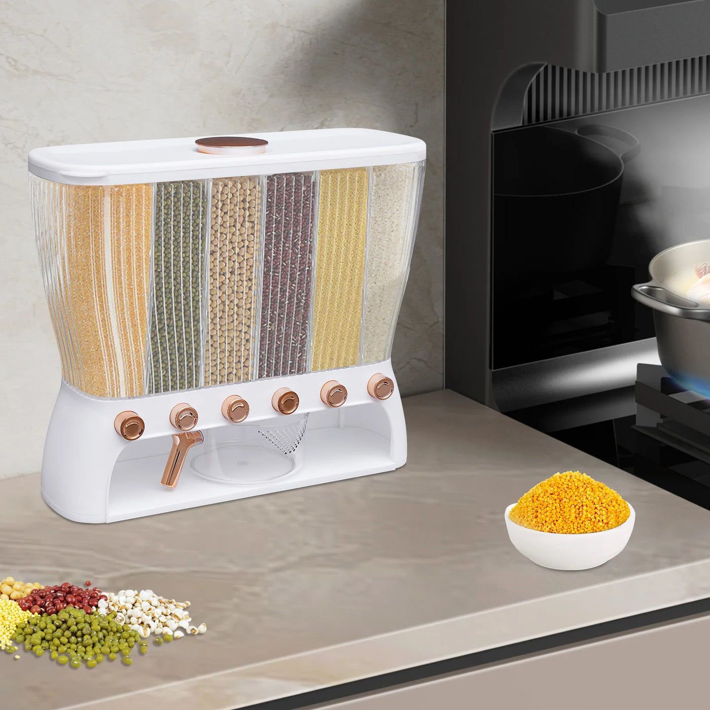 Dry Food Dispenser 6-Grid Wall-Mounted Dry Food Dispenser - Adjustable Compartments Easy Dispensing - Kitchen Storage
