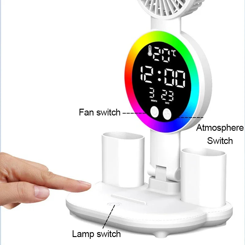 Rechargeable LED Desk Lamp with Fan & Digital Clock