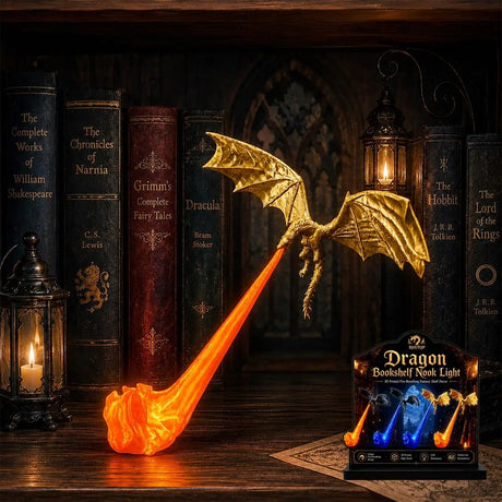 Dragon Bookshelf Nook Light, 3D Fire-Breathing Shelf Decor | Flying Dragon Design Book Lover Gift | Halloween Shelf Display