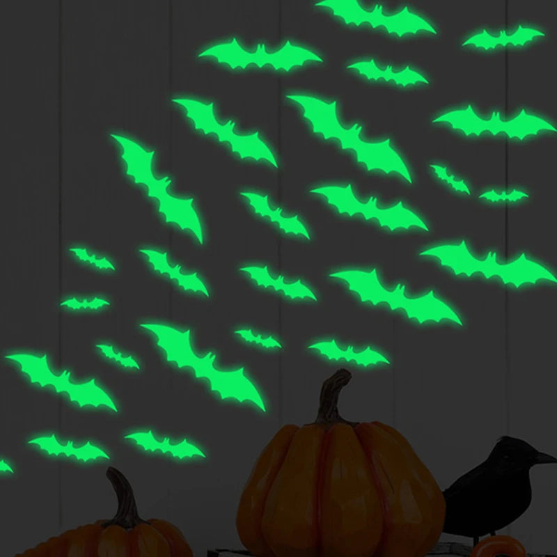 16pcs Glow Halloween Wall Stickers Halloween Glow In The Dark Window Decals Bat Decal Halloween Holiday Haunted House Home Decor