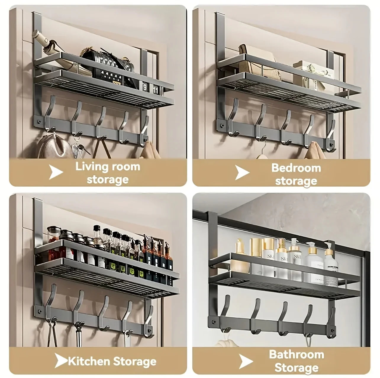 Grey Over-Door Organiser with 6 Hooks & Storage Basket