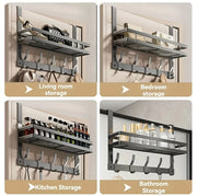 Grey Over-Door Organiser with 6 Hooks & Storage Basket