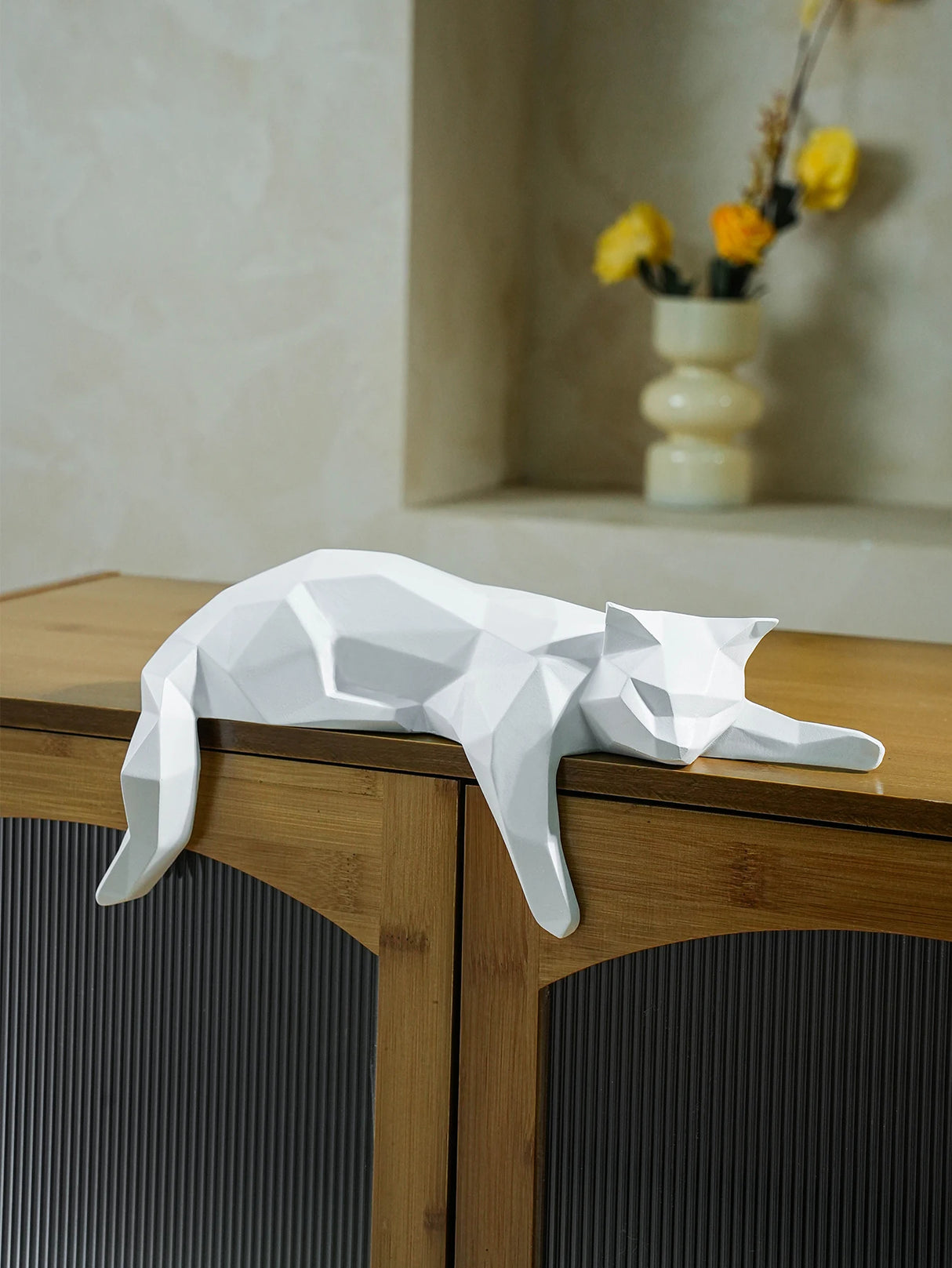 White Black Cat Statue - Geometric Modern Room Decor Figurine Sculpture for Home Office as Table Shelf Desk Decor  Lying Cat