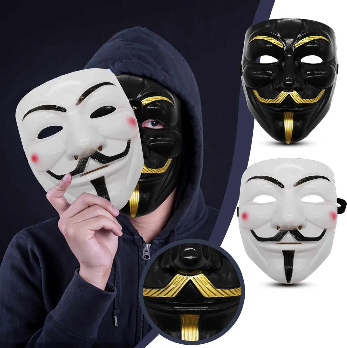 Guy Fawkes-Style Costume Mask – Black or White