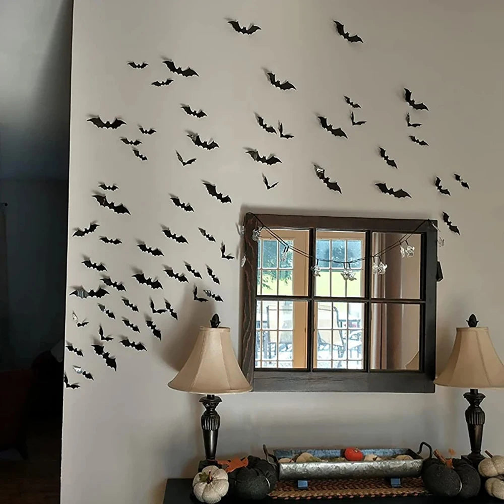 3D Black Halloween Bat Wall Decorations – 6 Pack Sizes