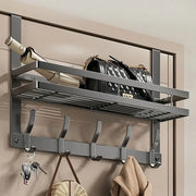 Grey Over-Door Organiser with 6 Hooks & Storage Basket