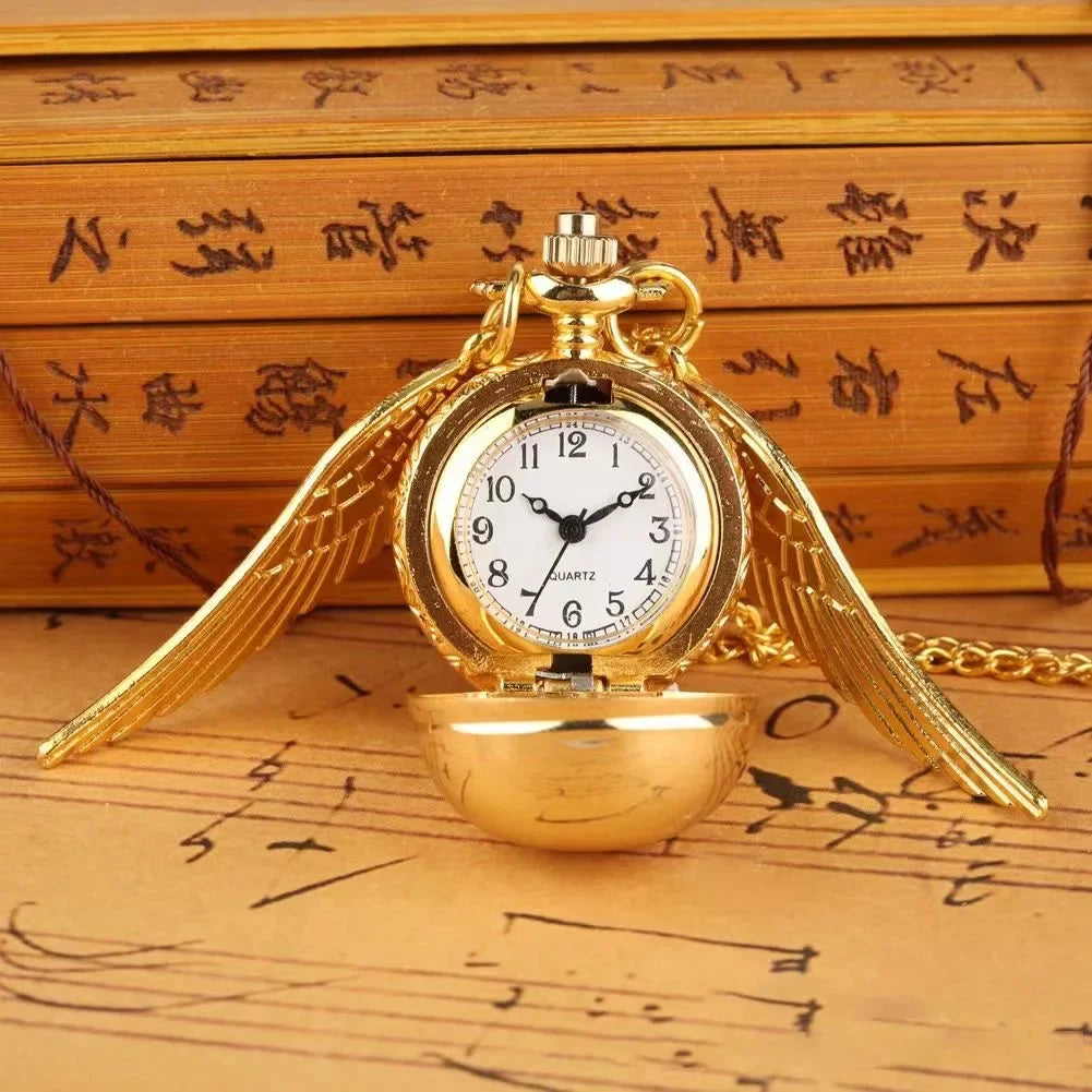 Harry Potter Peripheral Pocket Watch Necklace - Golden Snitch Retro Flip Lid Big Wings Pendant Commemorative Watch