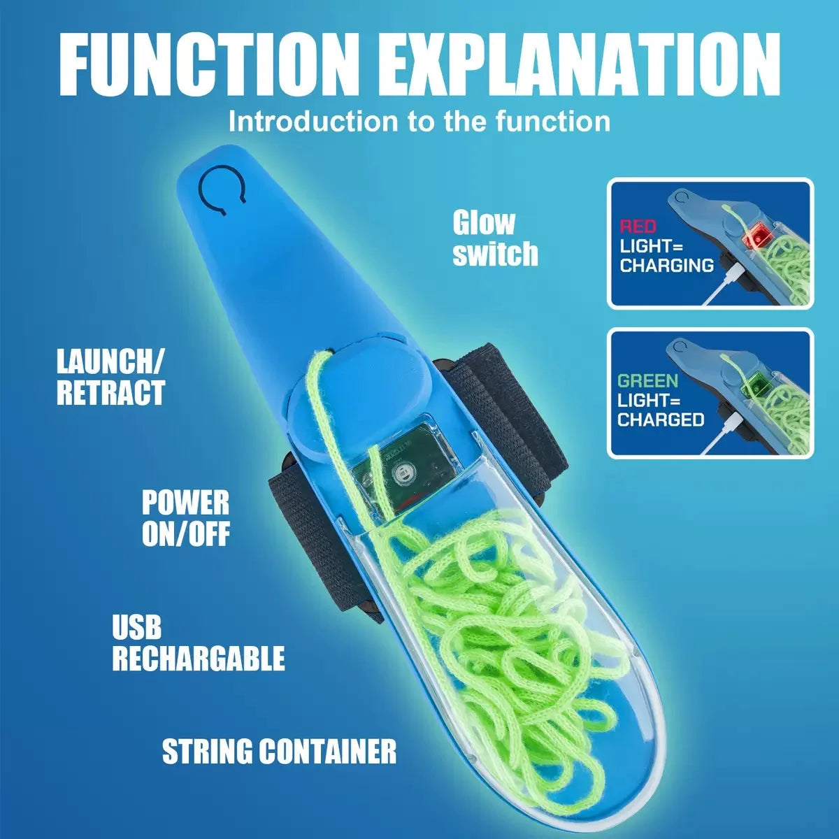 Rope Launcher Wristband Toy – Automatic Recoil Flying String Shooter with Night Glow