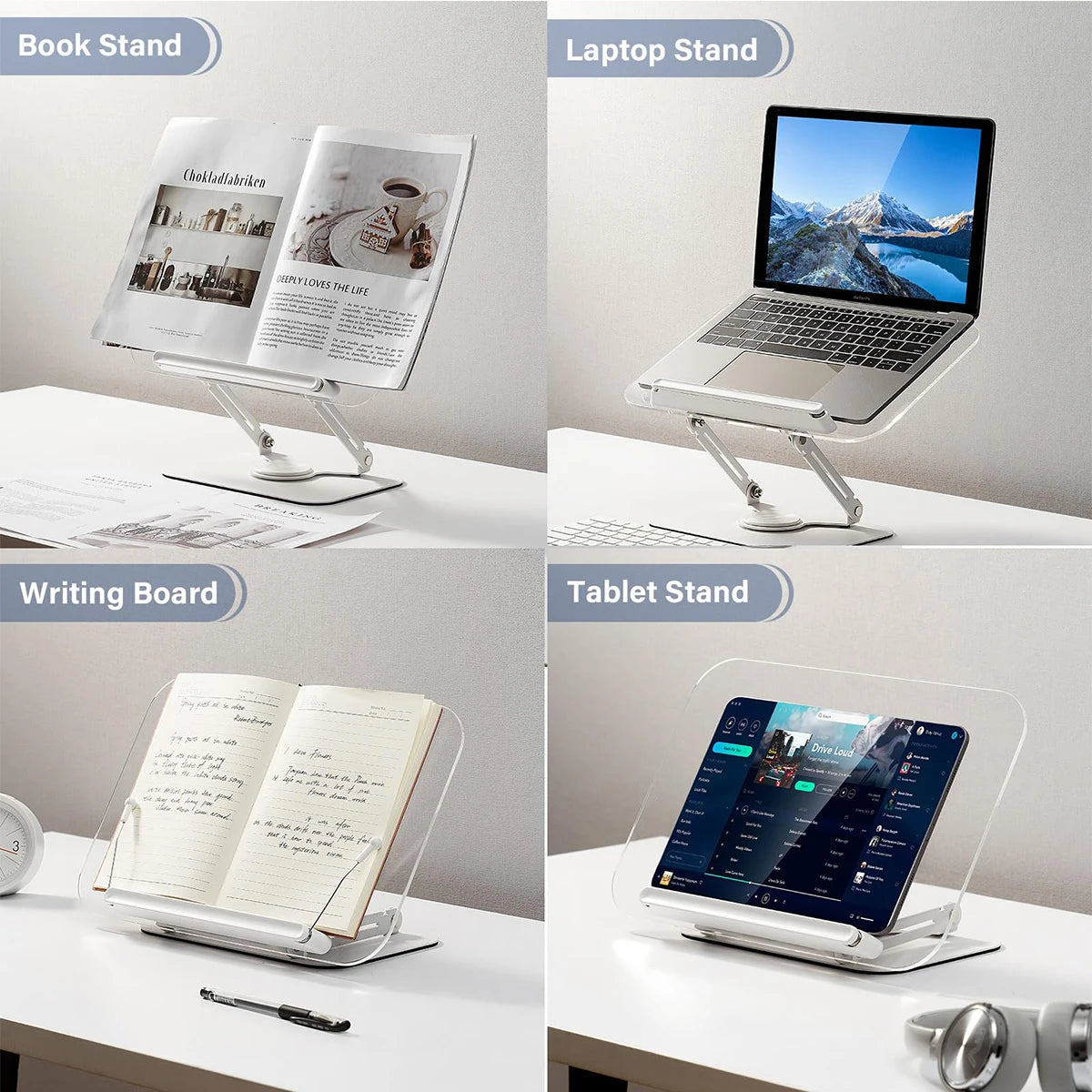Foldable 360° Swivel Book Stand with Page Clips