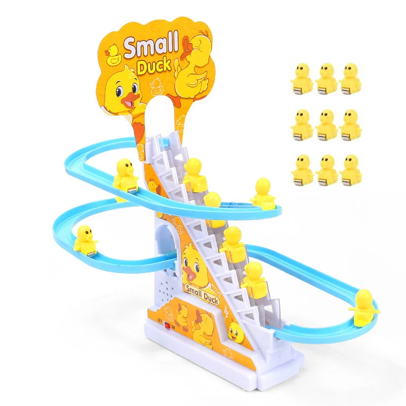 Kids Electric Small Duck Climbing Stairs Toy DIY Track Slide Roller Coaster Toys Set Light Music Boy Girl Gift